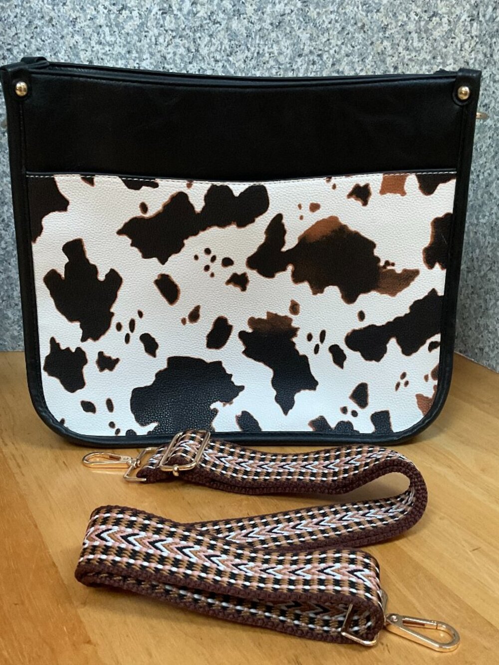 Cow Print Crossbody Purse Faux Leather Bag with Adjustable Guitar Strap NWT